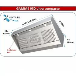 Hotte en inox statique gamme 950 (nue sans moteur) ultra compacte avec éclairage pour cuisine pro et restauration