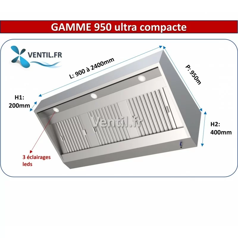 Hotte en inox statique gamme 950 (nue sans moteur) ultra compacte avec éclairage pour cuisine pro et restauration