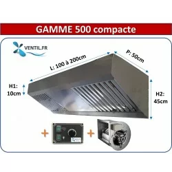 Pack Hotte Inox Gamme 500 Compacte Professionnelle, moteur et variateur pour petite cuisine - Food Truck