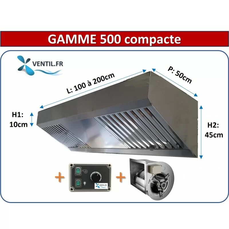 Pack Hotte Inox Gamme 500 Compacte Professionnelle, moteur et variateur pour petite cuisine - Food Truck