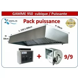 Pack PUISSANCE Gamme 940 -1.5 à 3m: Hotte inox cubique+ Moteur DD 9/9 - 230v + Variateur 230v pour la restauration