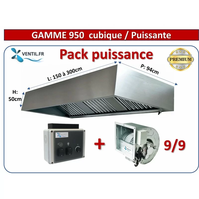 Pack PUISSANCE Gamme 940 -1.5 à 3m: Hotte inox cubique+ Moteur DD 9/9 - 230v + Variateur 230v pour la restauration