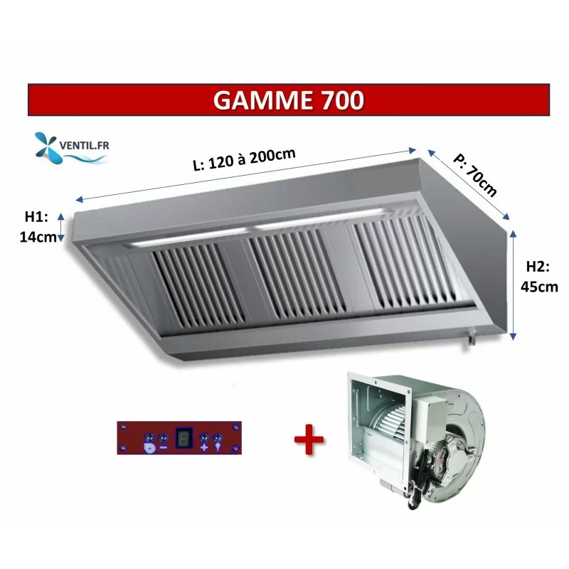 Pack Hotte Inox complète gamme 700, avec leds, moteur et variateur - cuisine pro