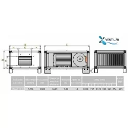 dimensions Caisson filtre anti-odeurs 18 cartouches de charbon + moteur intégré 12/12- 6000m3/h 230v pour hotte de cuisine pro