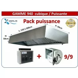 Pack PUISSANCE Gamme 940 -1.5 à 3m: Hotte inox cubique+ Moteur DD 9/9 - 230v + Variateur 230v pour la restauration