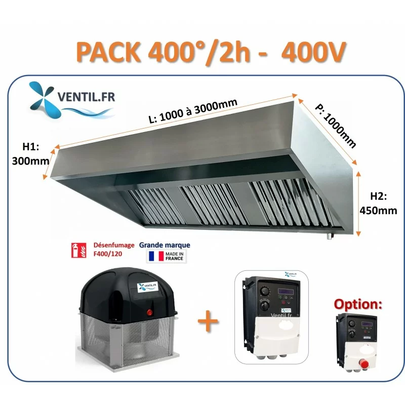Pack 400°/2h Triphasé: hotte inox professionnelle de 1.5 à 5m+ Tourelle d'extraction TRI + Variateur de fréquence TRI Pack 400°/2h Triphasé: hotte inox professionnelle de 1.5 à 5m+ Tourelle d'extraction TRI + Variateur de fréquence TRI
