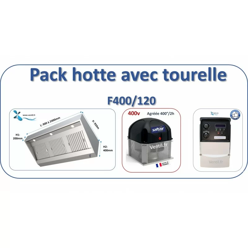 Pack hotte ultra compacte gamme 950 avec tourelle 400v: hotte inox pro de 1.6 à 2.4m+ Tourelle 400v+ Variateur pour cuisine pro