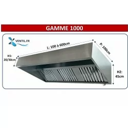 Hotte classique statique gamme 1000 (nue sans moteur) en inox de 1 à 6 m avec casquette pour cuisine professionnelle