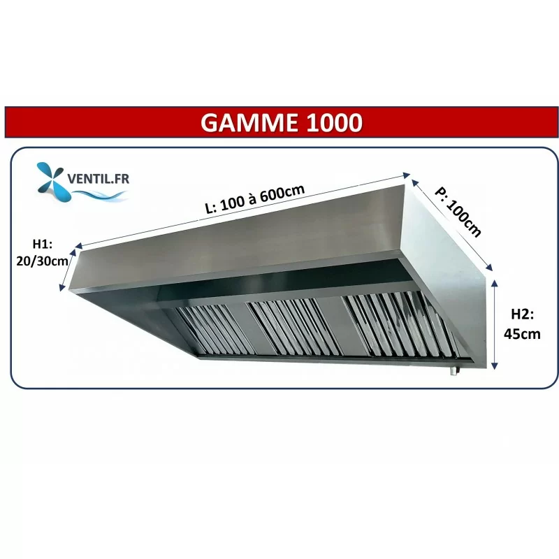 Hotte classique statique gamme 1000 (nue sans moteur) en inox de 1 à 6 m avec casquette pour cuisine professionnelle