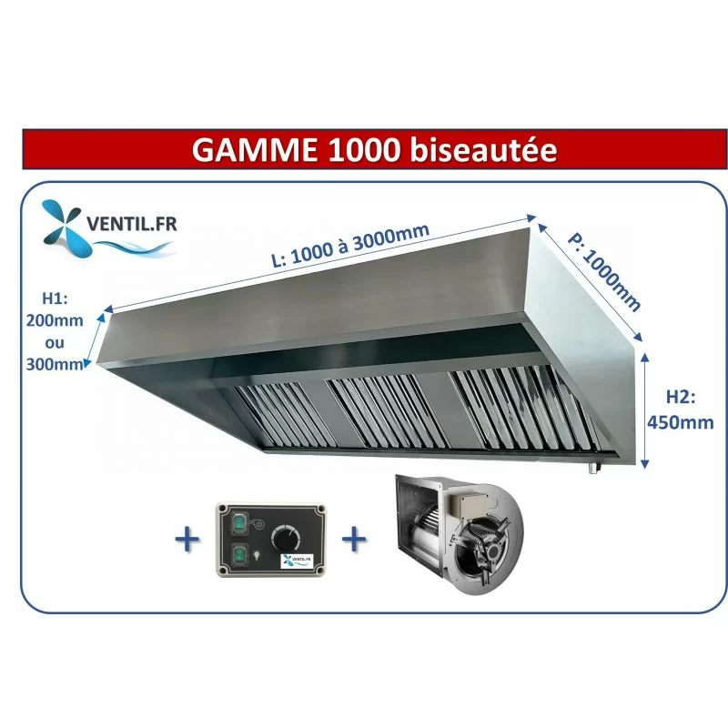 Hotte inox professionnelle complète gamme 1000 avec moteur et variateur