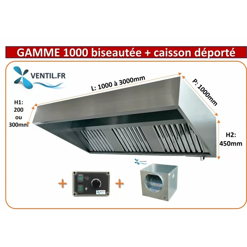Pack hotte inox professionnelle de 1 à 3m avec caisson moteur déporté et variateur pour restaurant et cuisine professionnelle