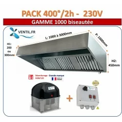 Pack 400°/2h 230v: hotte inox professionnelle classique de 2 à 4m + Tourelle d'extraction F400/120 + Variateur 230v