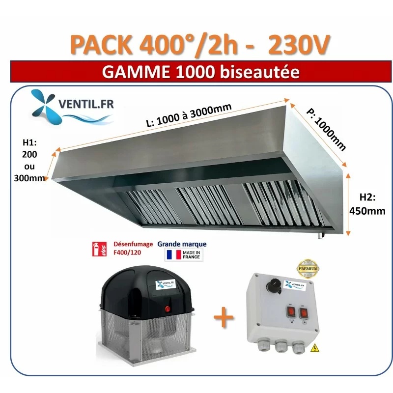 Pack 400°/2h 230v: hotte inox professionnelle classique de 2 à 4m + Tourelle d'extraction F400/120 + Variateur 230v