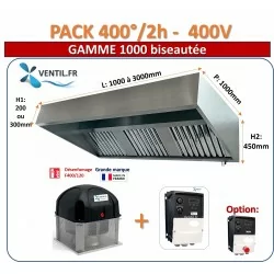 Pack 400°/2h Triphasé: hotte inox professionnelle de 1.5 à 5m+ Tourelle d'extraction TRI + Variateur de fréquence TRI
