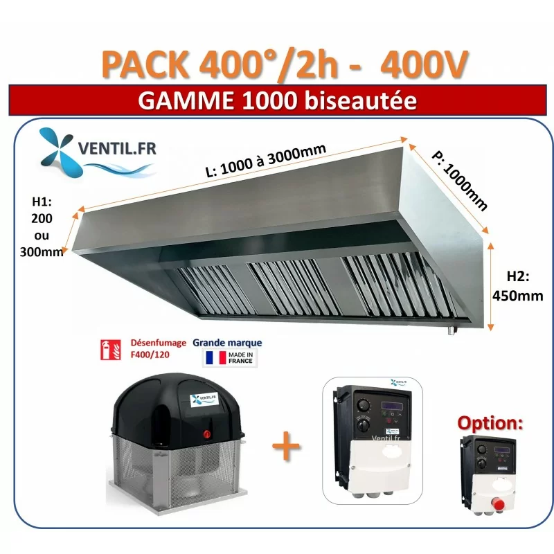 Pack 400°/2h Triphasé: hotte inox professionnelle de 1.5 à 5m+ Tourelle d'extraction TRI + Variateur de fréquence TRI Pack 400°/2h Triphasé: hotte inox professionnelle de 1.5 à 5m+ Tourelle d'extraction TRI + Variateur de fréquence TRI