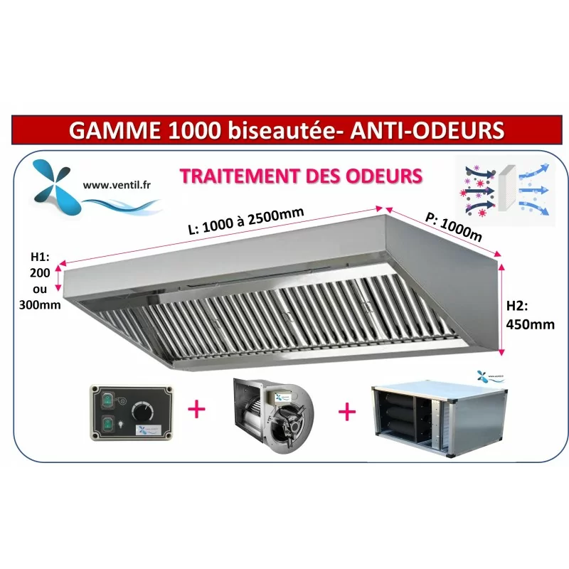 hotte inox ANTI-ODEUR HSE: hotte 1 à 2m +moteur 230v+ caisson à charbon pour cuisine pro - Hotte sans évacuation
