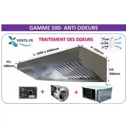PACK ANTI-ODEURS Gamme 500 hotte inox compacte : hotte 1 à 2 m +moteur 230v + variateur + caisson à charbon 6 cartouches