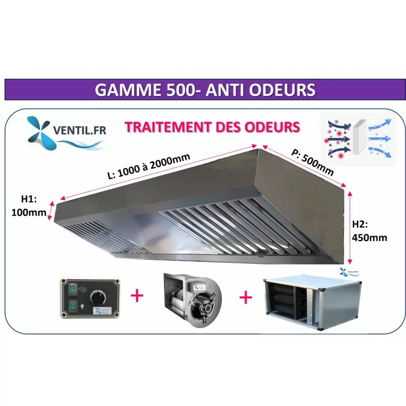 PACK ANTI-ODEURS Gamme 500 hotte inox compacte : hotte 1 à 2 m +moteur 230v + variateur + caisson à charbon 6 cartouches