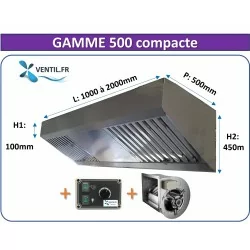 Pack Hotte Inox Gamme 500 Compacte Professionnelle, moteur et variateur pour petite cuisine - Food Truck