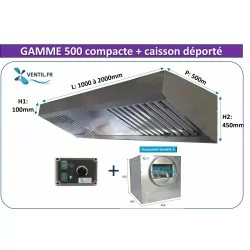 Pack Gamme 500 de 1 à 2 m: hotte inox professionnelle compacte+ caisson motorisé + variateur 230v pour la restauration