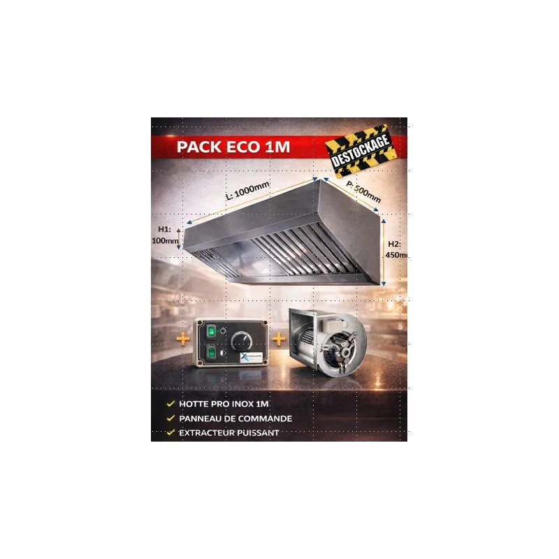 Pack Hotte Inox complète ECO- 1m + moteur et variateur pour petite cuisine - Food Truck Pack Hotte Inox complète ECO- 1m + moteur et variateur pour petite cuisine - Food Truck