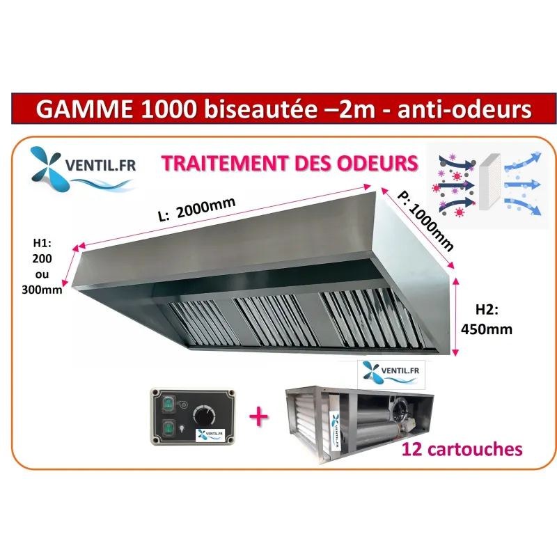PACK hotte inox classique 2m ANTI-ODEURS : hotte pro+ Caisson charbon 12 cartouches avec moteur 9/9 intégré + variateur 230v
