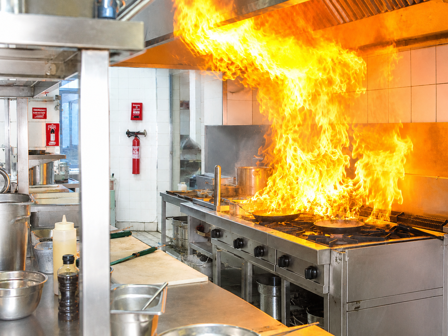 Hotte professionnelle de cuisine avec dimensions: longueur 100–200 cm, profondeur 50 cm, hauteur H2 45 cm et encadrement H1 10 cm, vue montrant les grilles de filtration.
