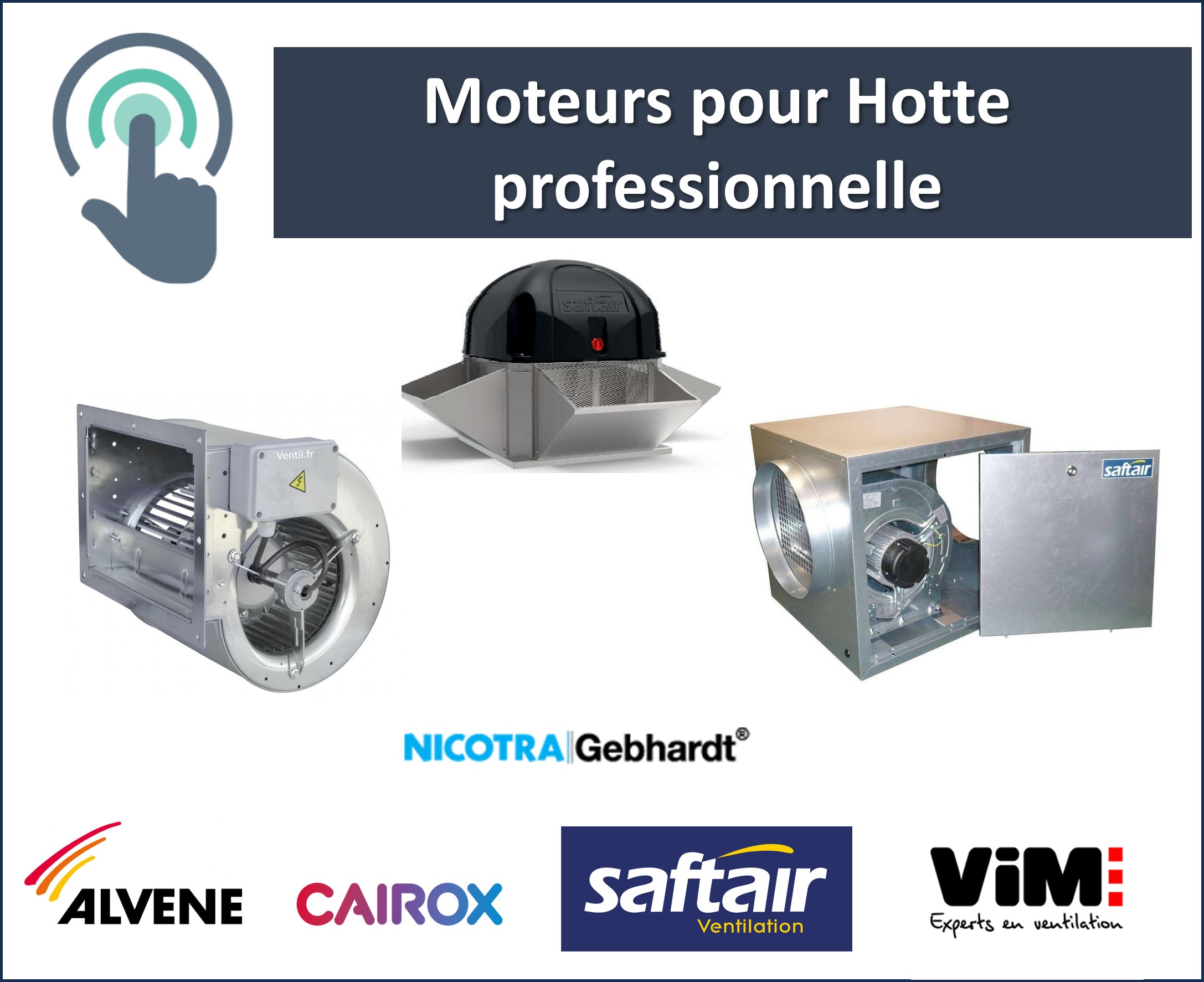 Moteur de hotte professionnel pour ventilation de cuisine, visible avec rotor et connectique, sur fond blanc. Guide achat moteur hotte restaurant intégré.